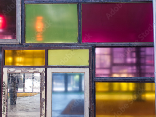 Part of window made from wooden and colourful glasses, Vintage concept