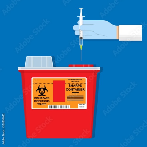 Sharps container HIV trash toxic risk care nurse label caution blood drug lab warning reused worker garbage hygiene danger lancet blade health sanitary virus clinic lacerate scalpel  control injure