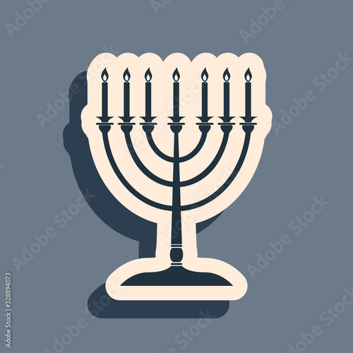 Black Hanukkah menorah icon isolated on grey background. Religion icon. Hanukkah traditional symbol. Holiday religion, jewish festival of Lights. Long shadow style. Vector Illustration