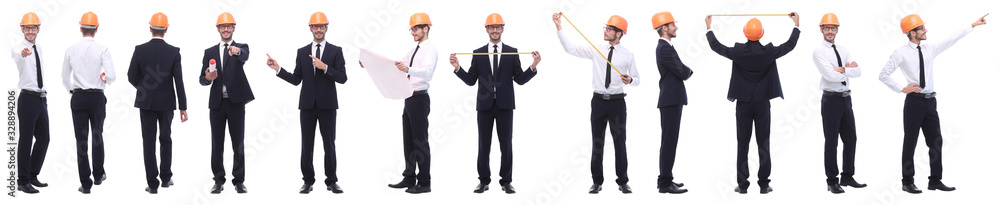panoramic photo collage of confident architect isolated on white panoramic photo collage of confident architect isolated on white
