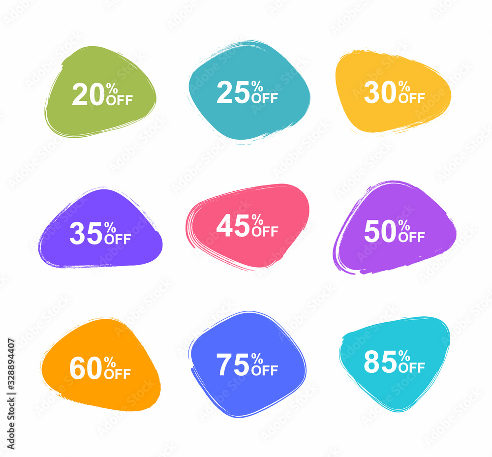 Super set different shape hand drawn grunge flat banners. Sale tags set badges template 20, 25, 30, 35, 45, 50, 60, 75, 85 percent off . Discount promotion Super set different shape hand drawn grunge flat banners. Sale tags set badges template 20, 25, 30, 35, 45, 50, 60, 75, 85 percent off . Discount promotion
