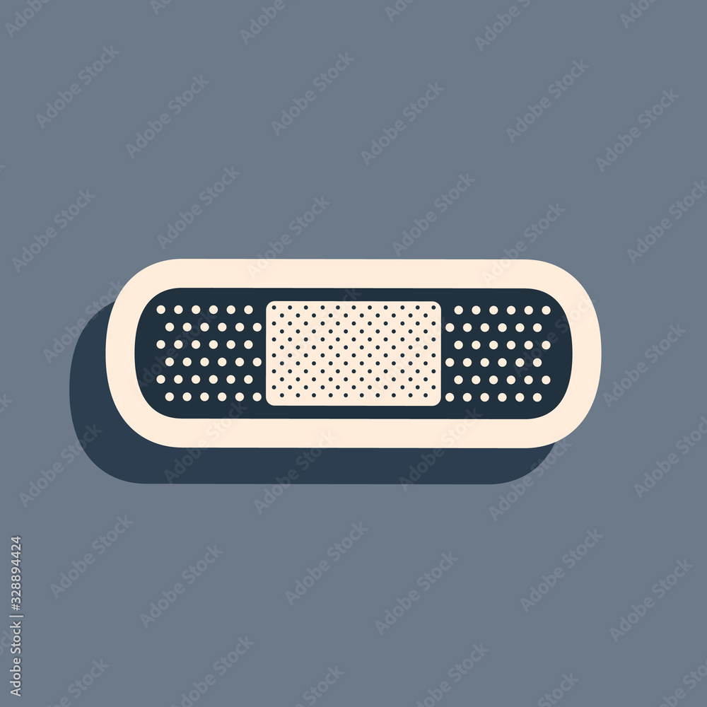 Black Bandage plaster icon isolated on grey background. Medical plaster, adhesive bandage, flexible fabric bandage. Long shadow style. Vector Illustration Black Bandage plaster icon isolated on grey background. Medical plaster, adhesive bandage, flexible fabric bandage. Long shadow style. Vector Illustration