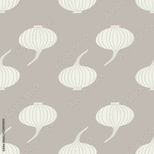 Simple geometric onion seamless pattern. Doodle onion bulb vegetable wallpaper.