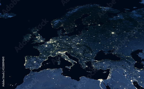 Earth at night, city lights showing human activity in Europe and Middle East from space. Elements of this image furnished by NASA.