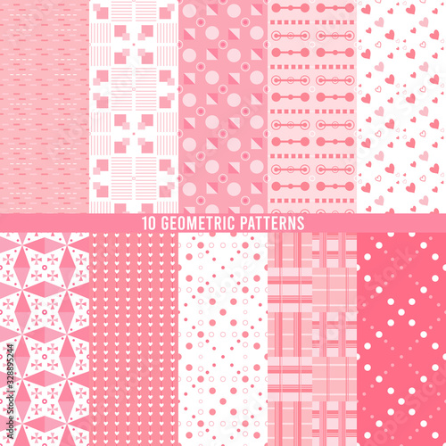 Seamless geometric patterns set collection of 10 Pink Color, Endless texture can be used for sweet romantic wallpaper or wrapping paper.