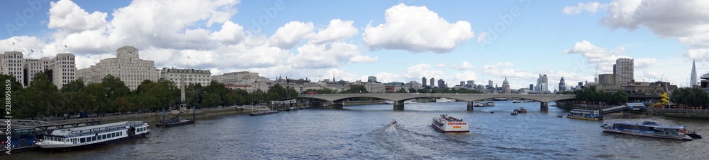 panoramic view of the River Thames showing bridge and skyline