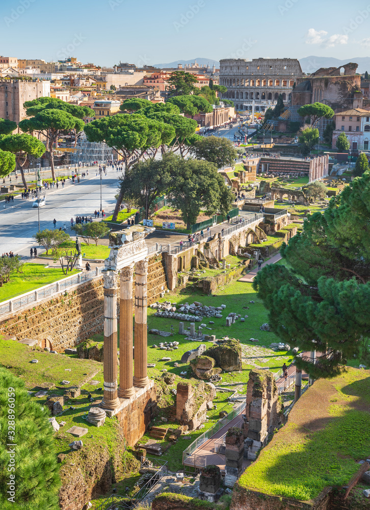 vertical view to roman forum in sunny day in Rome