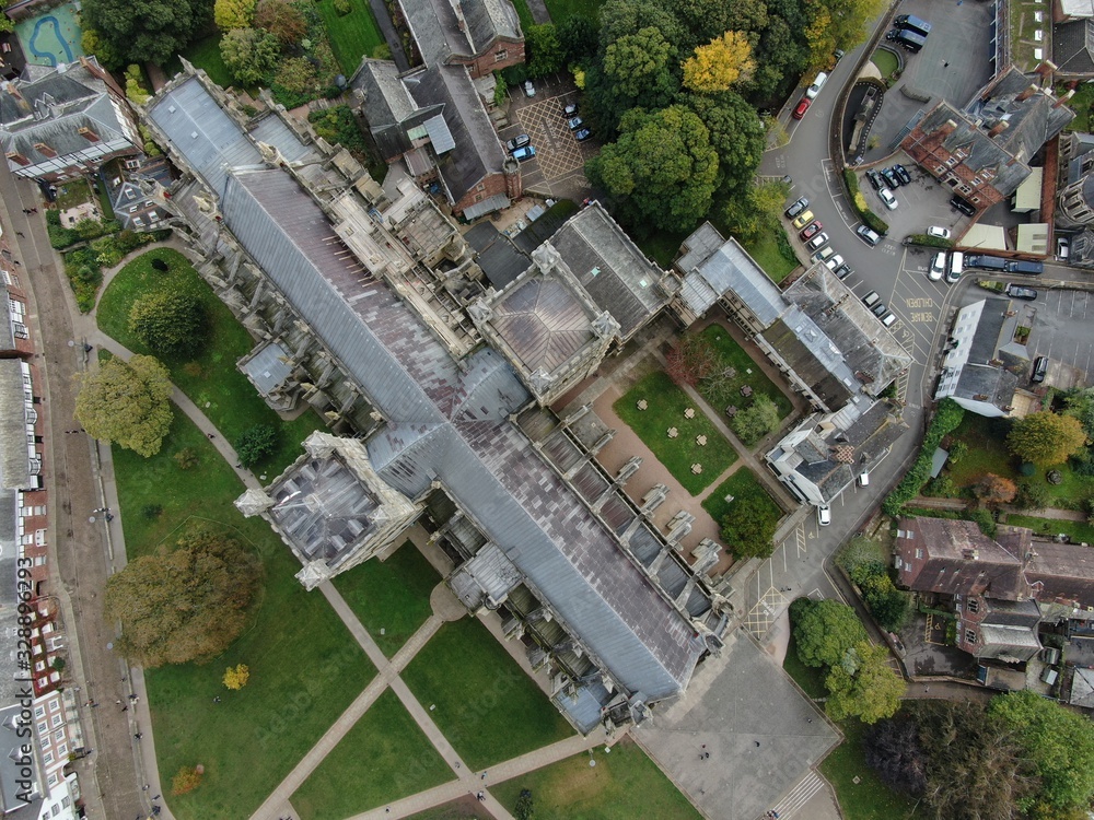 an aerial view of Exeter Cathedral from directly above , Devon , England, UK