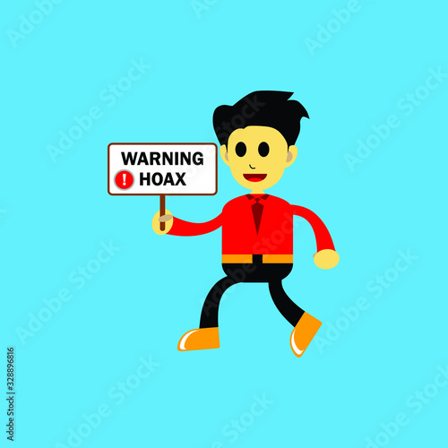 vector illustration of a cartoon character holding a sign bearing a warning hoax