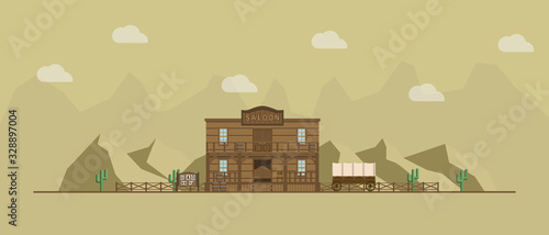 Saloon building on a wild west landscape background.
