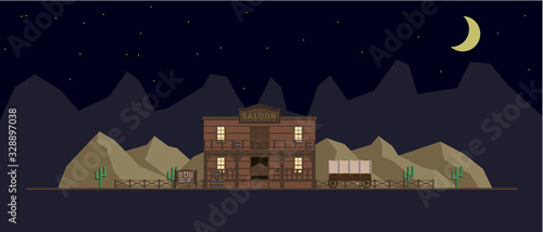 Saloon building on a wild west landscape background.