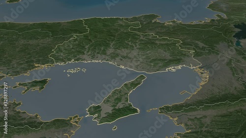 Hyōgo, prefecture with its capital, zoomed and extruded on the satellite map of Japan in the conformal Stereographic projection. Animation 3D photo