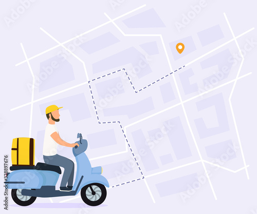 Food delivery vector illustration. Courier man on scooter with yellow parcel box on the back. Route with dash line trace and finish point on city map. Top view.
