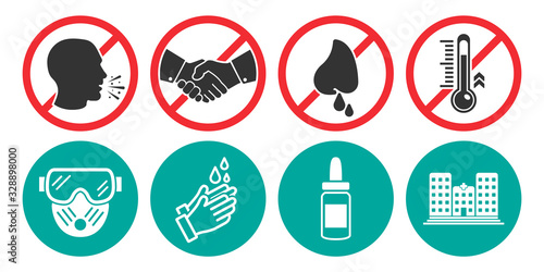 Set of prohibiting icons. No cough, no handshake, no runny nose, no fever. Set of medical mask, hand washing, nose spray, hospital
