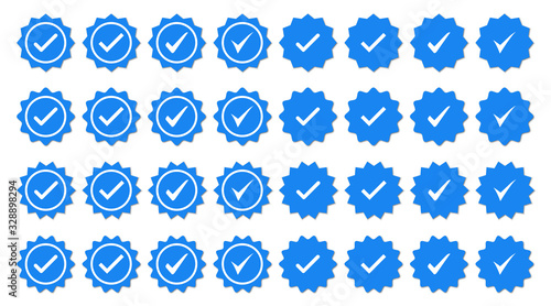 Set of blue check mark badge icons. Profile verification icons