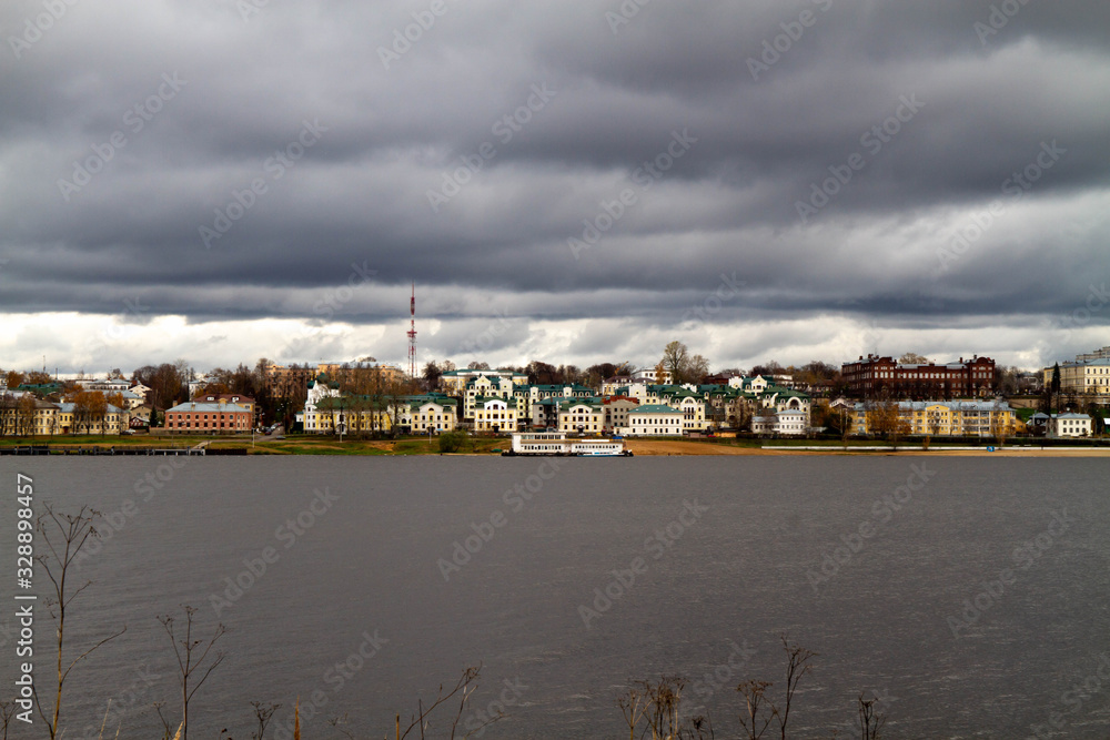 View of the pier of the ancient city of Kostroma. Gold ring of Russia.