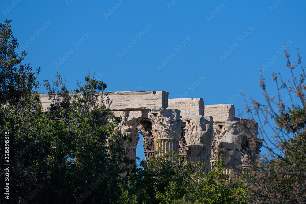 Detail of the Corinthian order decorated pillars of the Temple of Olympian Zeus, view from Zappeion