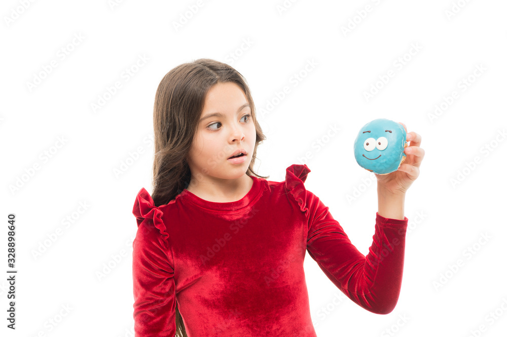 But first dessert. Small girl look at donut isolated on white. Home baked food. Enjoying sweet food. Bakery shop. Freshly baked food. Life is food But first dessert. Small girl look at donut isolated on white. Home baked food. Enjoying sweet food. Bakery shop. Freshly baked food. Life is food
