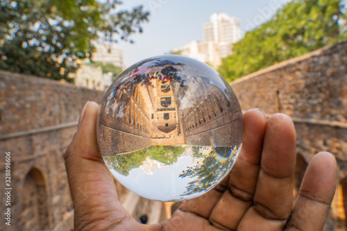 Agrasen ki Baoli is a 60-meter long and 15-meter wide historical step well on Hailey Road, near Connaught Place, Jantar Mantar in New Delhi, India (Lensball view) photo