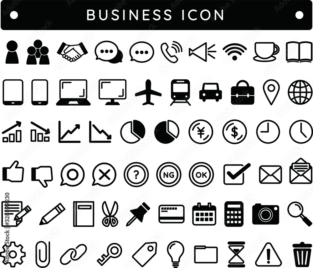 ビジネスのアイコン イラスト コミュニケーション 上昇 下降 円 ドル 時間 手紙 Ok Ng 電卓 Vector De Stock Adobe Stock