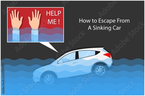 Escape submerged car sinking accident vehicle water dangerous flooded seatbelt damaged Break window tool seat belt driver