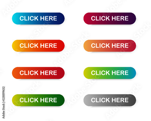 click here colorful button set. icons web isolated on white background. vector illustration.