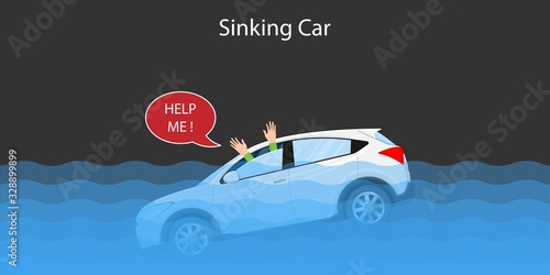 Escape submerged car sinking accident vehicle water dangerous flooded seatbelt damaged Break window tool seat belt driver