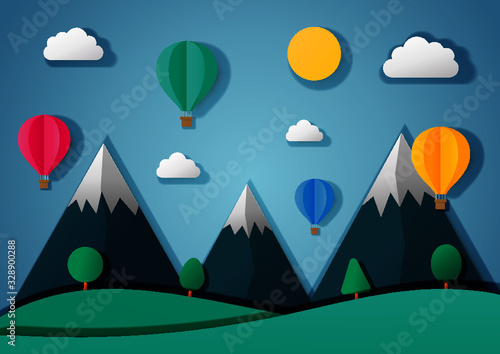 paper art travel with balloon flying background. vector Illustration.