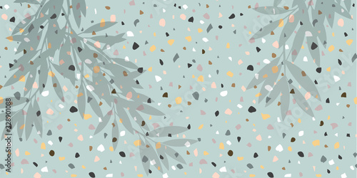 Venetian style terrazzo tile flooring plus a gray shadow layer of natural leaves tree branch. Vector background