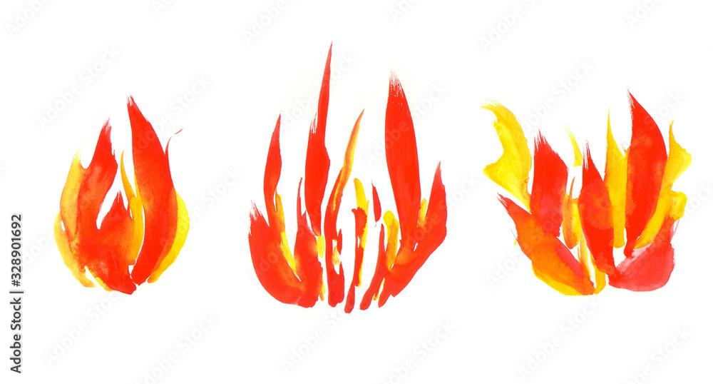Watercolor fire set isolated on white background. Tongues of flame, template for text or lettering. Hand drawn yellow and orange aquarelle burning bonfire, campfire silhouette with sparks. - obrazy, fototapety, plakaty 