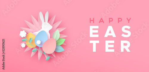 Happy easter card papercut spring rabbit and eggs