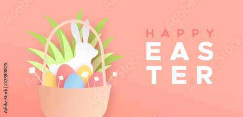 Happy easter papercut banner rabbit eggs in basket