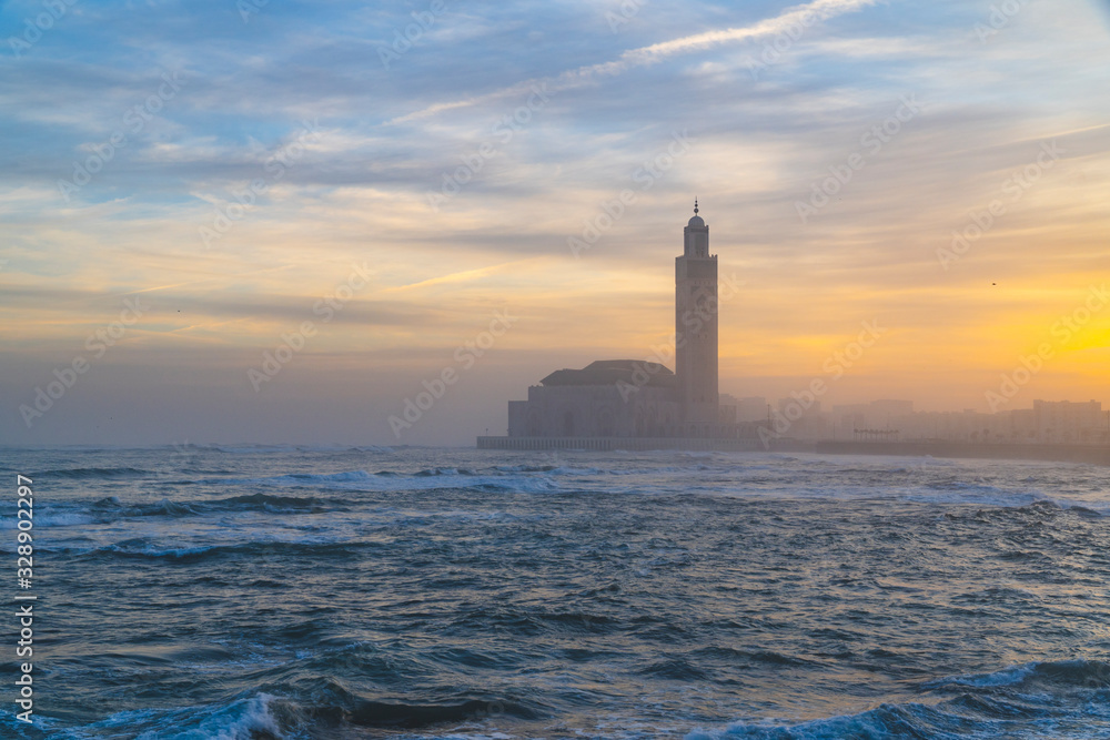 scenic view of Hassan II Mosque at sunrise - Casablanca, Morocco