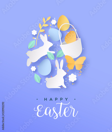 Happy easter papercut spring icons in egg shape