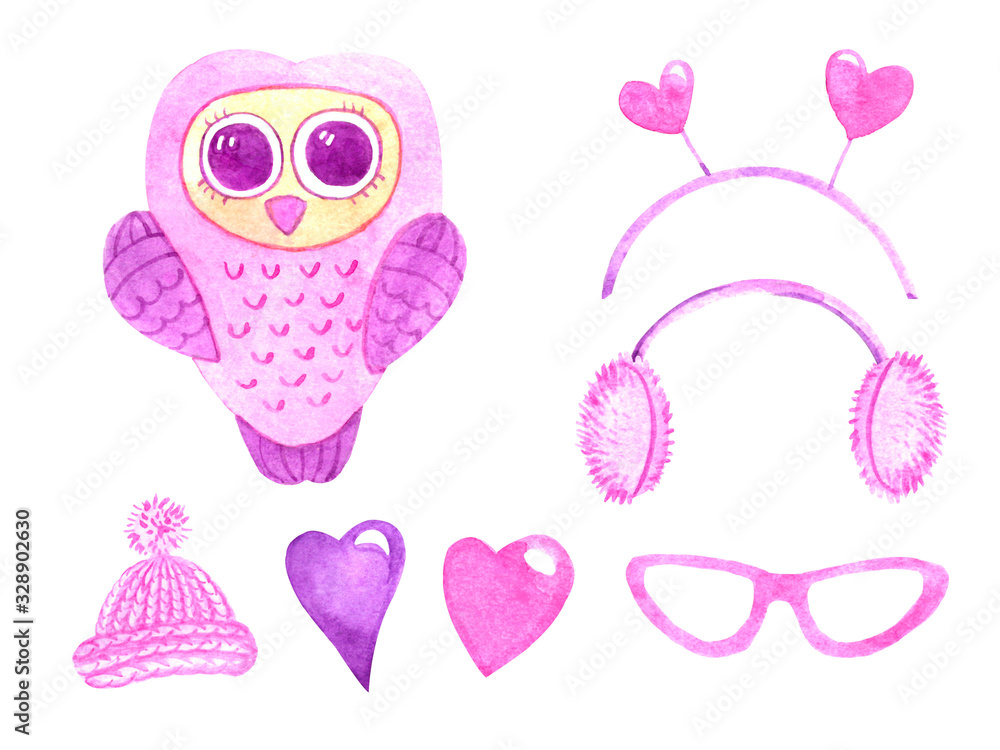Fototapeta premium Set of pink owl, heart headband, fluffy headphones, hearts, knitted hat, glasses. Watercolor drawing. Hand drawn cute owl and decorative elements isolated on a white background