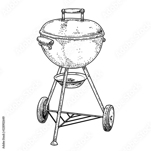 Illustration of bbq grill in engraving style. Design element for logo, label, sign, poster, t shirt. Vector illustration