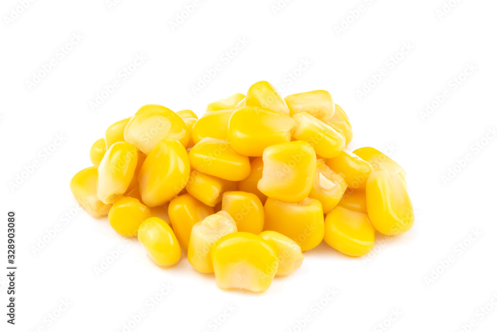 Canned yellow sweet corn seeds isolated on white background Canned yellow sweet corn seeds isolated on white background