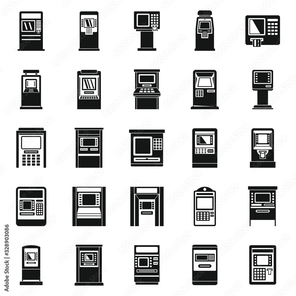Bank atm machine icons set. Simple set of bank atm machine vector icons for web design on white background Bank atm machine icons set. Simple set of bank atm machine vector icons for web design on white background