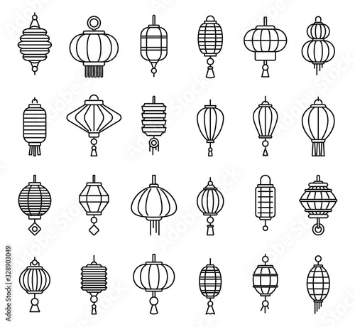 Street chinese lantern icons set. Outline set of street chinese lantern vector icons for web design isolated on white background