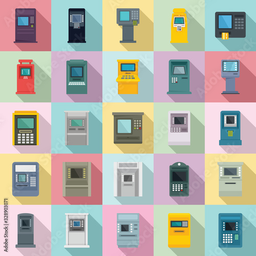 Atm machine icons set. Flat set of atm machine vector icons for web design