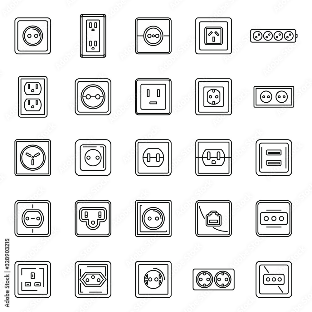 Electric power socket icons set. Outline set of electric power socket vector icons for web design isolated on white background Electric power socket icons set. Outline set of electric power socket vector icons for web design isolated on white background