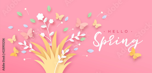 Hello spring floral card of paper cut butterfly