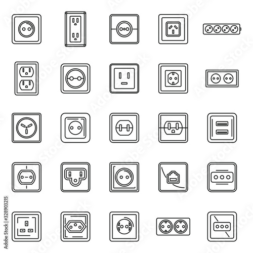 Electric power socket icons set. Outline set of electric power socket vector icons for web design isolated on white background