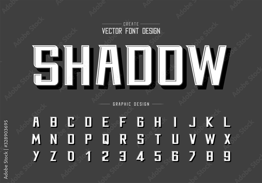 Black shadow font and alphabet vector, Bold Modern Typeface and letter number design