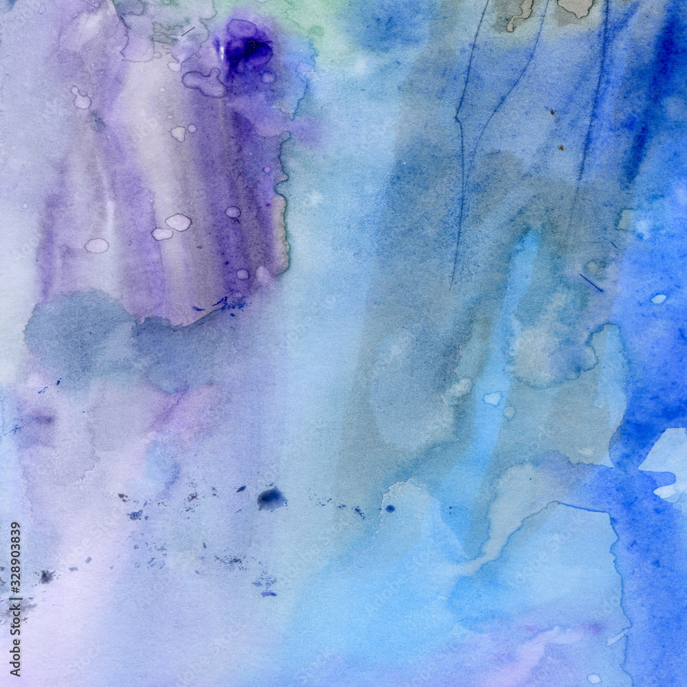 Watercolor illustration. Texture. Watercolor transparent stain. Blur, spray. Violet and blue hues.