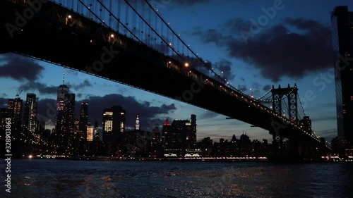 Skyline under Manhattan Bridge at night. NYC