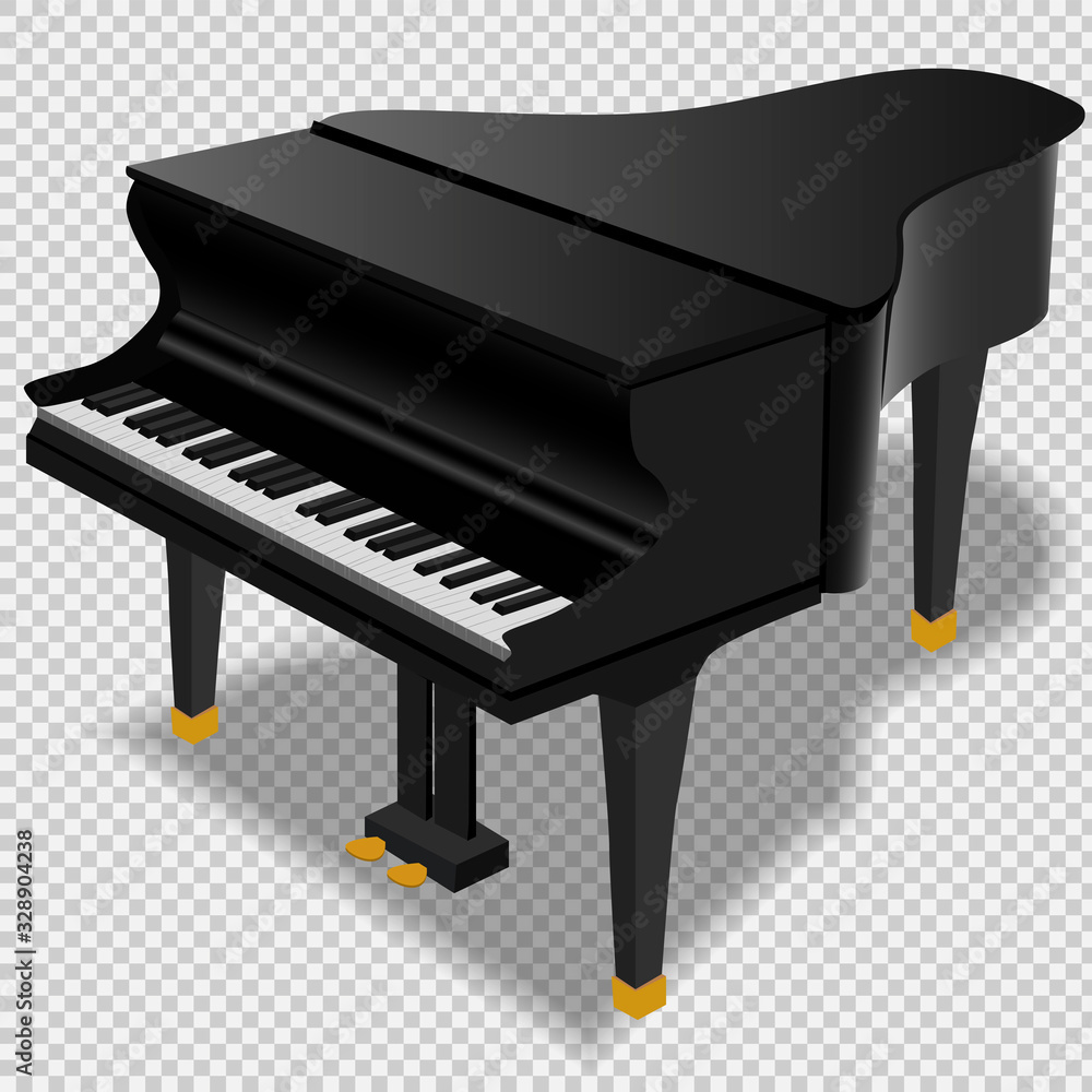 Black grand piano on a transparent background. Realistic isolated vector object. Black grand piano on a transparent background. Realistic isolated vector object.