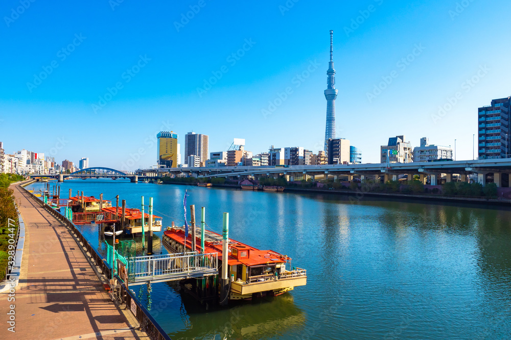 Japan. Tokyo on the background of blue sky. A river in the capital of Japan. Ferries moored at the city promenade. Tourist ships. Panorama of Tokyo aerial view. Japan in summer weather. Tokyo tour.