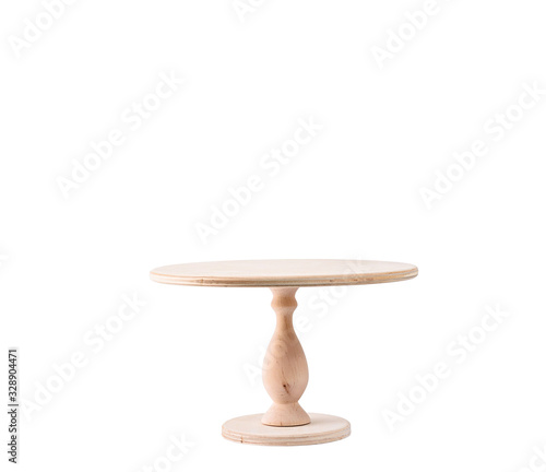 Empty wooden stand for cake isolated on white