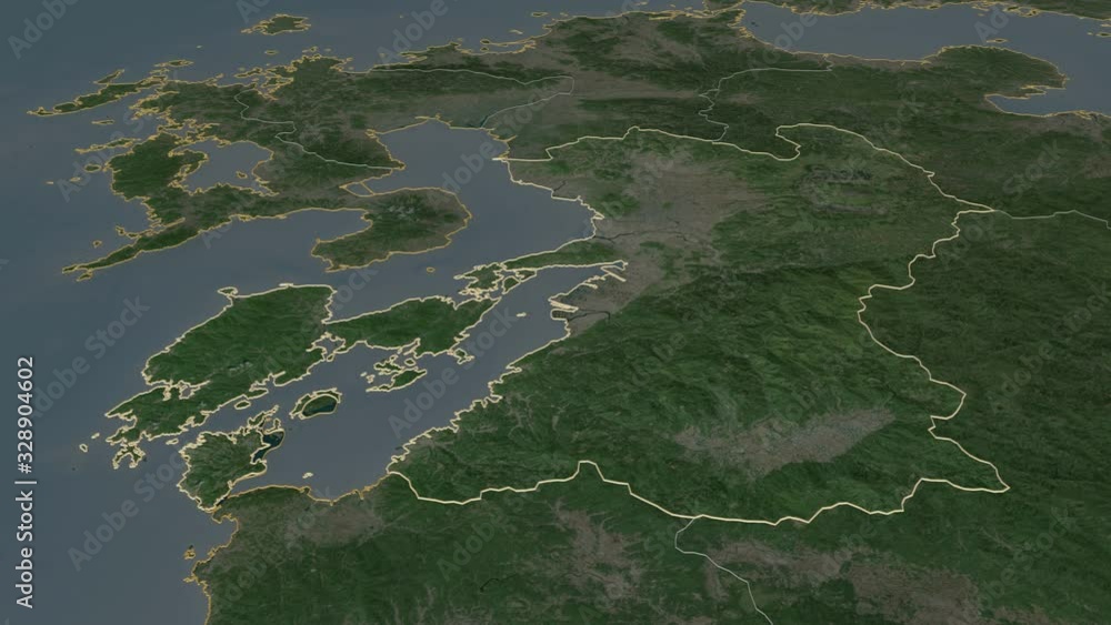 Kumamoto, prefecture with its capital, zoomed and extruded on the satellite map of Japan in the conformal Stereographic projection. Animation 3D Kumamoto, prefecture with its capital, zoomed and extruded on the satellite map of Japan in the conformal Stereographic projection. Animation 3D